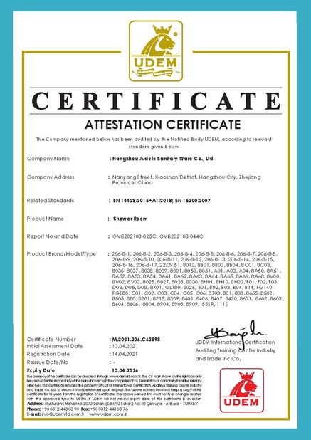 China Hangzhou Aidele Sanitary Ware Co., Ltd. certification